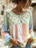 Women's Retro Breast Cancer Floral Print Long-Sleeved Top