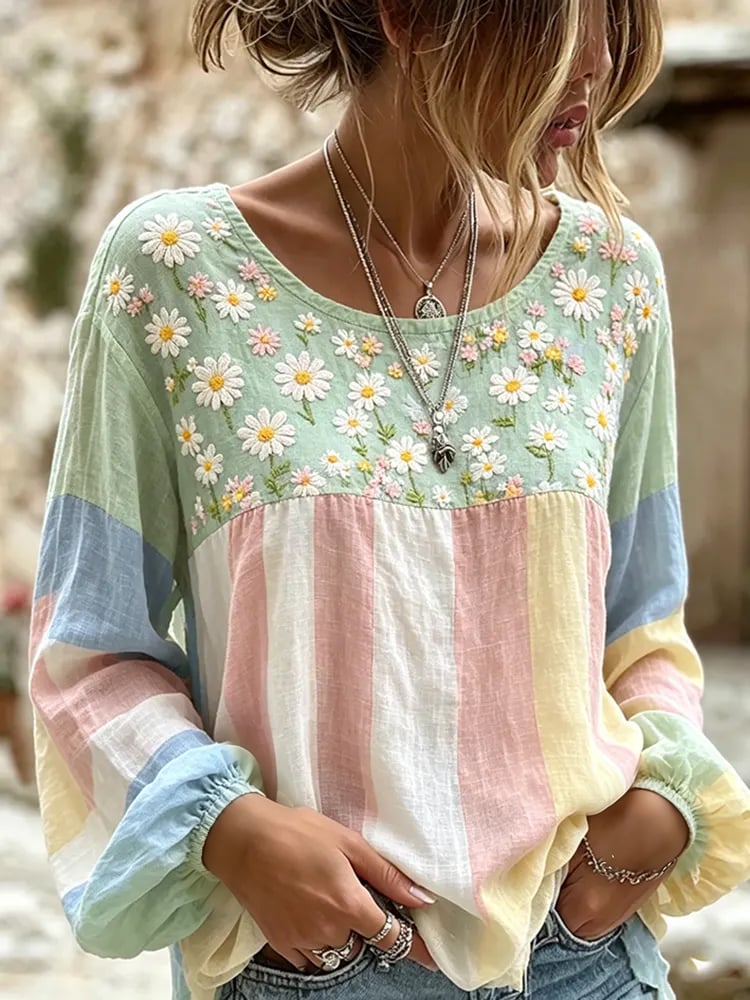 Women's Retro Breast Cancer Floral Print Long-Sleeved Top