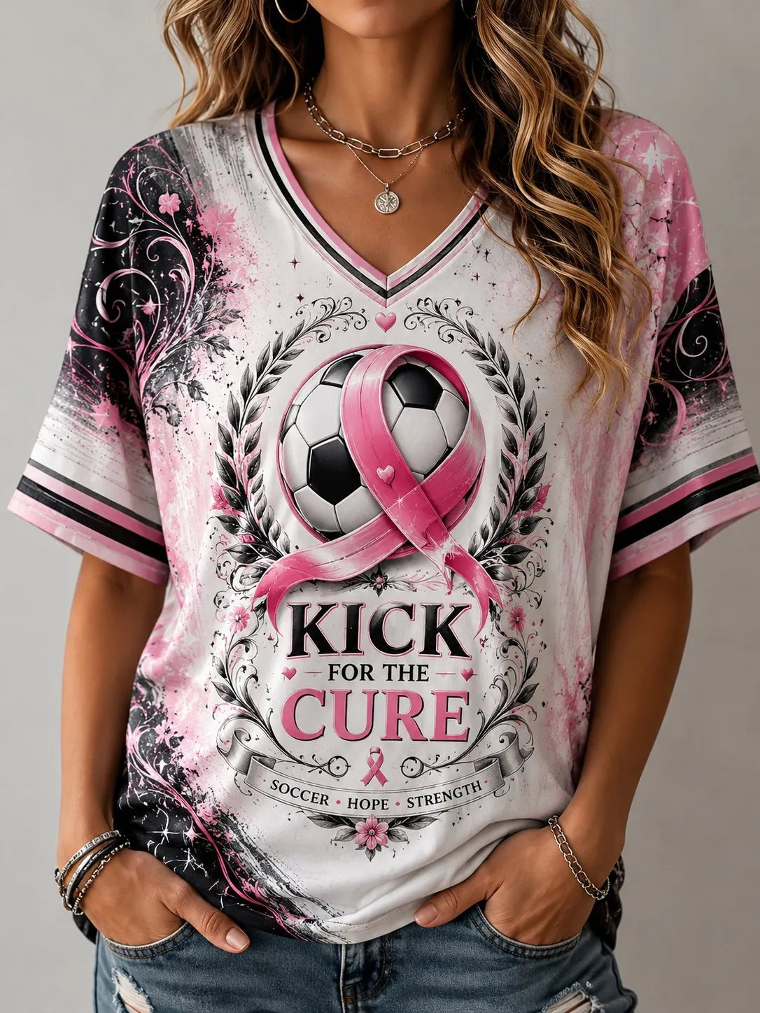 Women's Casual Retro Breast Cancer Awareness "Kick for a Cure" Graphic T-Shirt