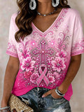 Women's Casual Cross & Faith Breast Cancer Awareness V-Neck T-Shirt