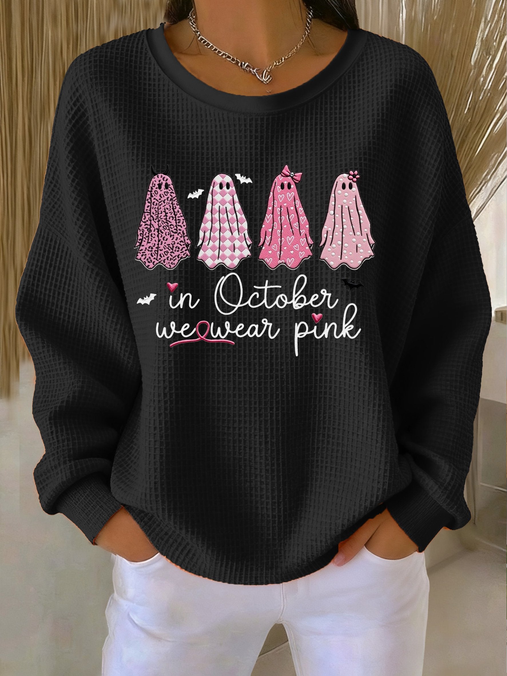 Women's Casual Pink Ghost Breast Cancer Waffle Multicolor Autumn and Winter Sweatshirt