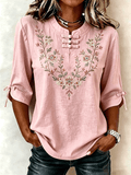 Women's Casual Cotton Linen Botanical Floral Print Blouse