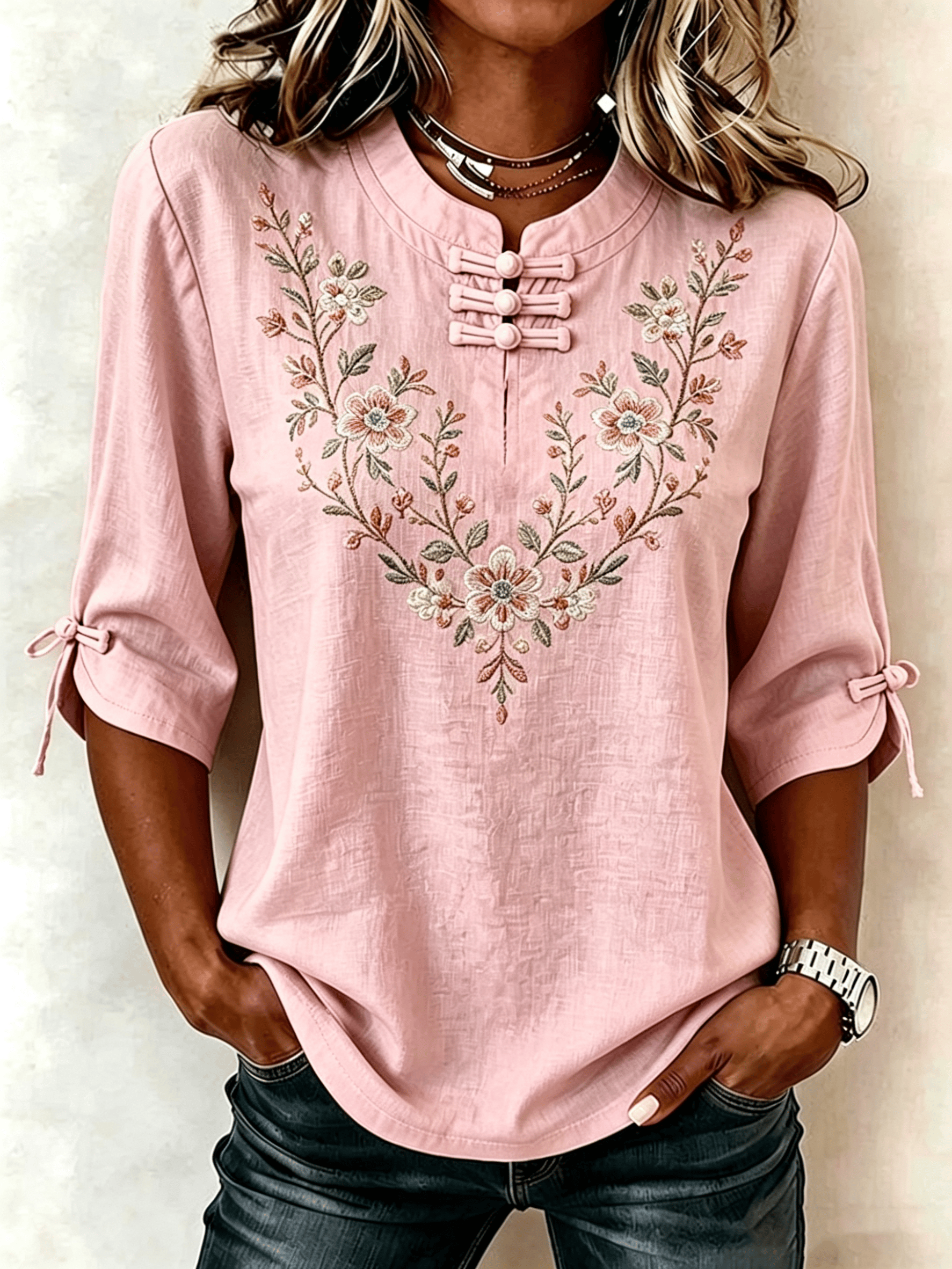 Women's Casual Cotton Linen Botanical Floral Print Blouse