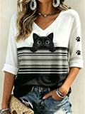 Women's Peeking Black Cat & Paw Prints Colorblock Print Mid-length Sleeves V-Neck T-Shirt