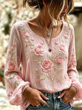 Women's Retro Breast Cancer Floral Print Long-Sleeved Top