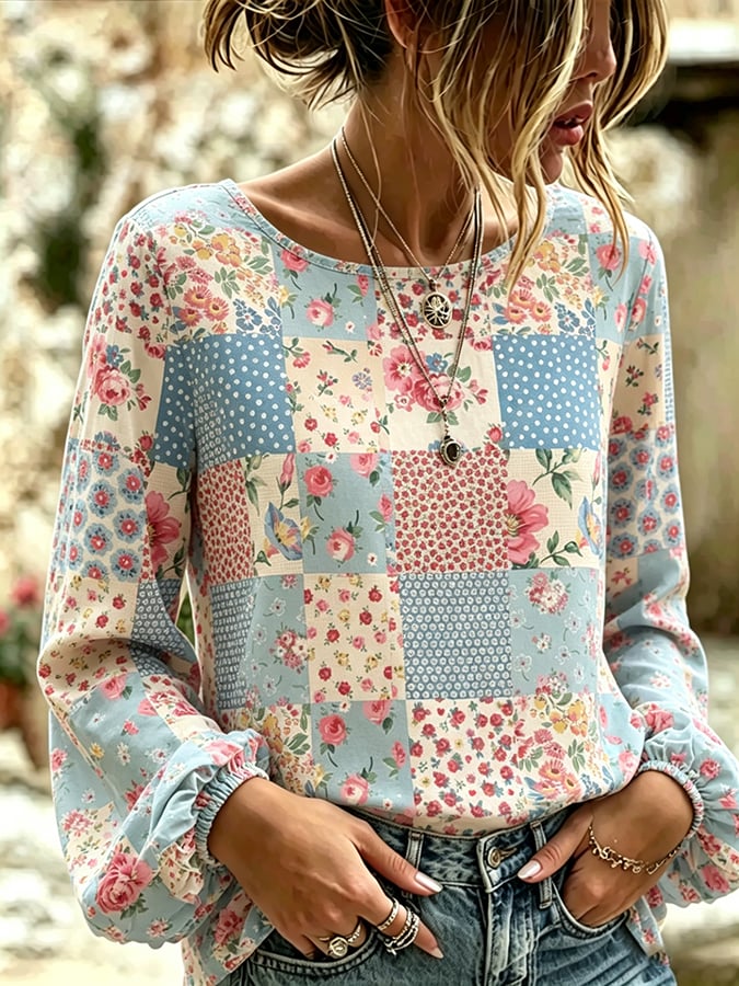 Women's Retro Floral Print Long-Sleeved Top