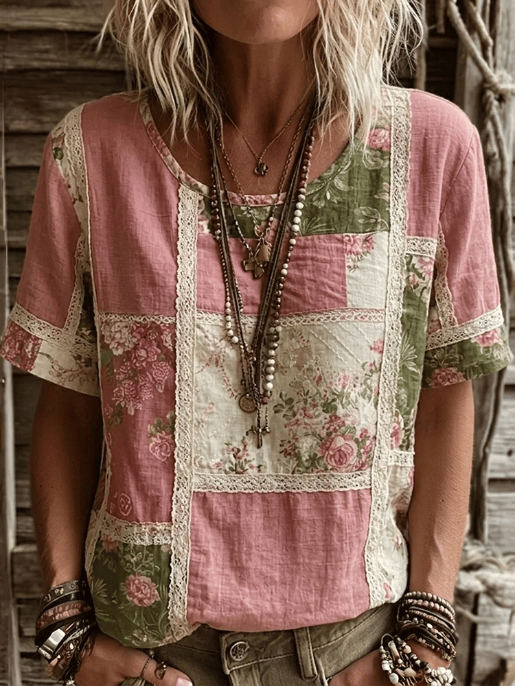 Women's Casual Retro Short-Sleeve Top with Floral Breast Cancer Awareness Print