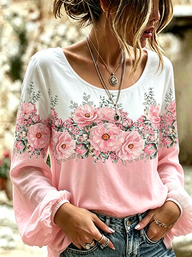 Women's Retro Floral Print Long-Sleeved Top