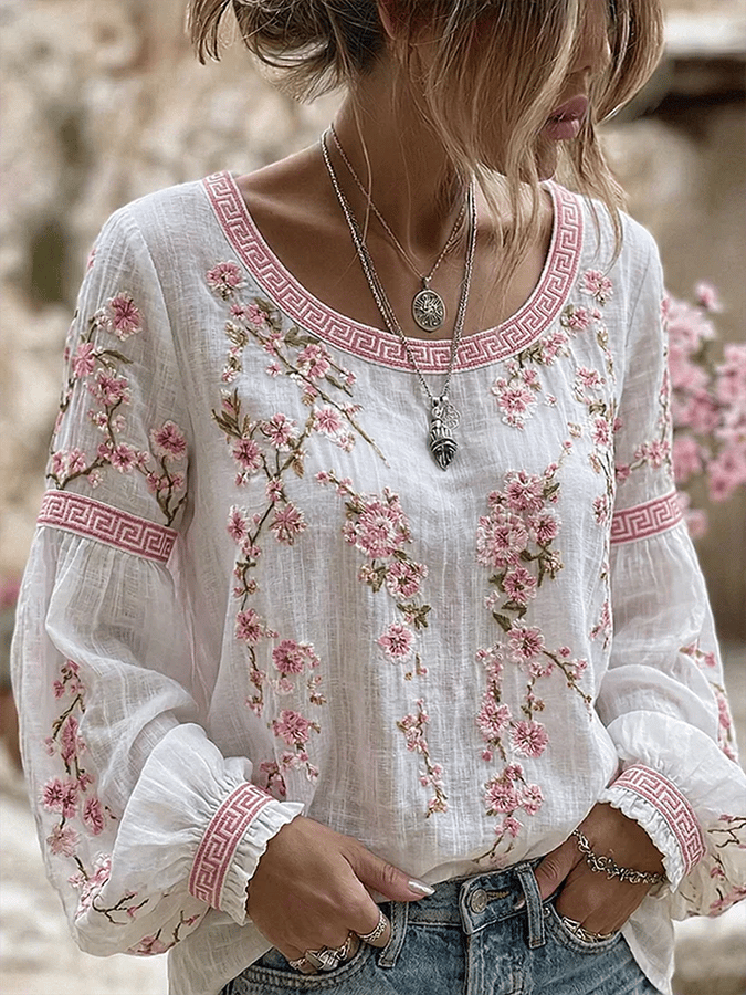 Women's Retro Floral Print Long-Sleeved Top