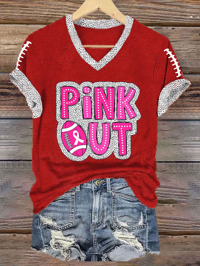 Women's Pink Out Football Breast Cancer Print T-Shirt