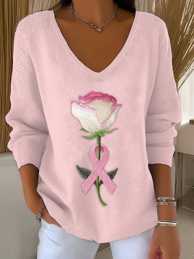 Women's Casual Breast Cancer Awareness Print Long Sleeve T-Shirt