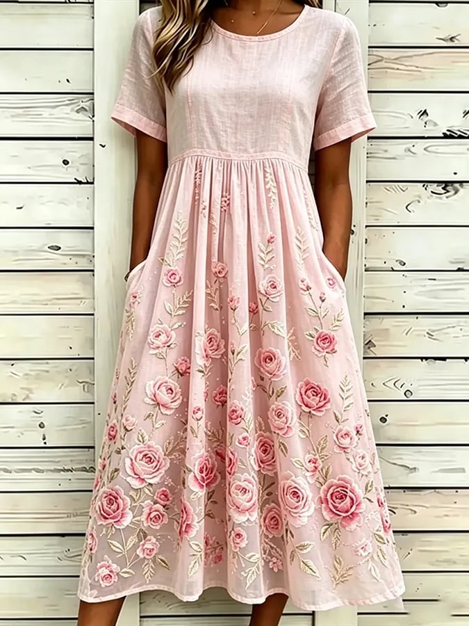 Women's Casual Linen Cotton Floral Plant Dress