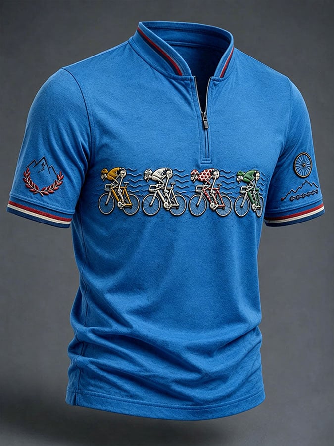 Men's Casual Printed Stand Collar Zip-Up Henley Shirt
