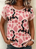 Women's Casual Retro Short-Sleeve Top with Floral Breast Cancer Awareness Print