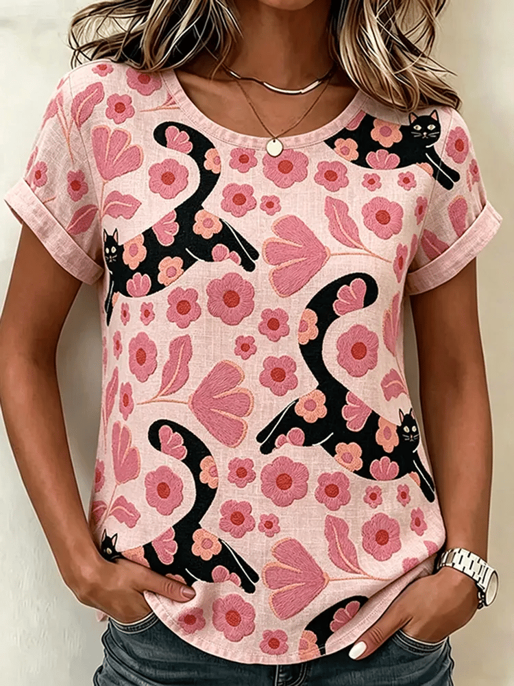 Women's Casual Retro Short-Sleeve Top with Floral Breast Cancer Awareness Print
