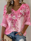Women's Floral Printed T-shirt for Breast Health Awareness