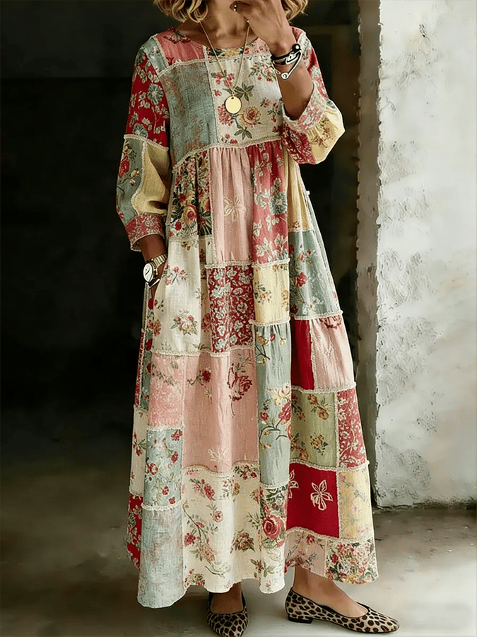 Women's Retro Floral Patchwork Print Casual Long Sleeve Dress