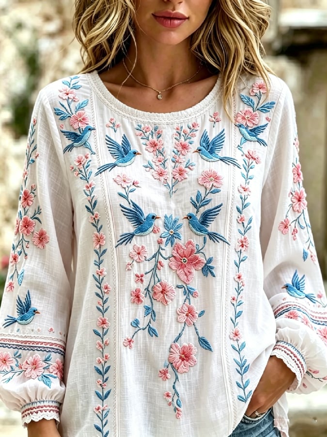 Women's Casual Retro Short-Sleeve Top with Floral Breast Cancer Awareness Print