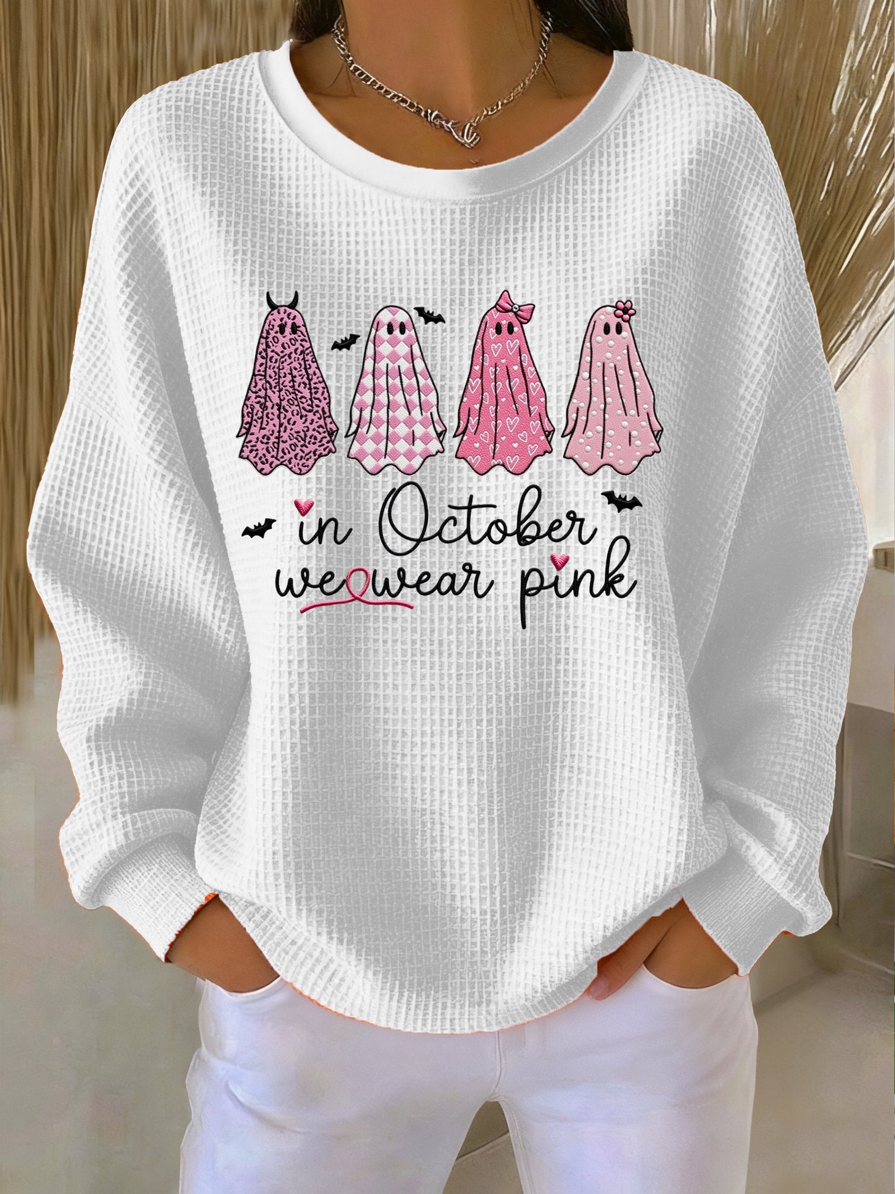 Women's Casual Pink Ghost Breast Cancer Waffle Multicolor Autumn and Winter Sweatshirt