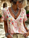 Women's Casual Retro Short-Sleeve Top with Floral Breast Cancer Awareness Print