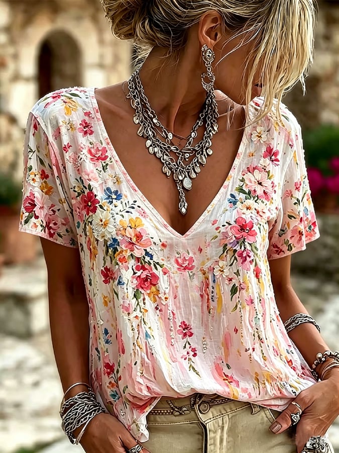 Women's Casual Retro Short-Sleeve Top with Floral Breast Cancer Awareness Print
