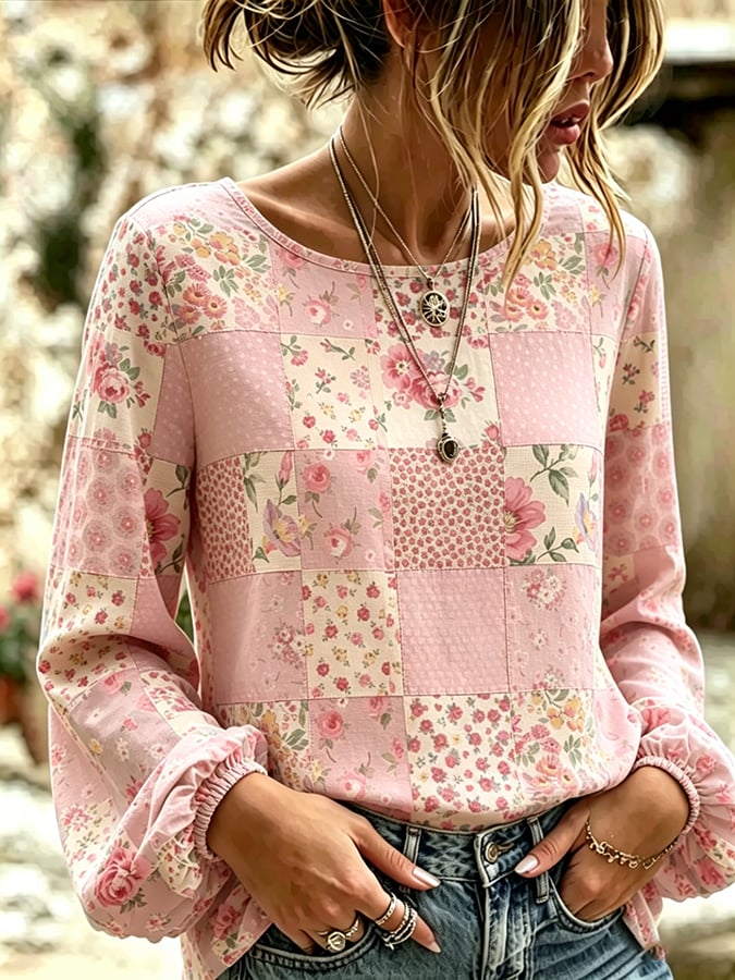 Women's Retro Floral Print Long-Sleeved Top