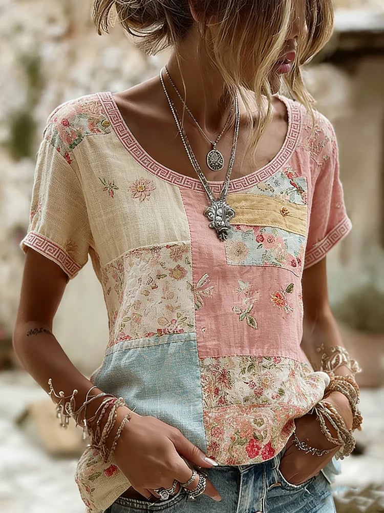 Women's Casual Retro Short-Sleeve Top with Floral Breast Cancer Awareness Print