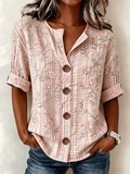 Women's Casual Cotton Linen Botanical Floral Print Blouse
