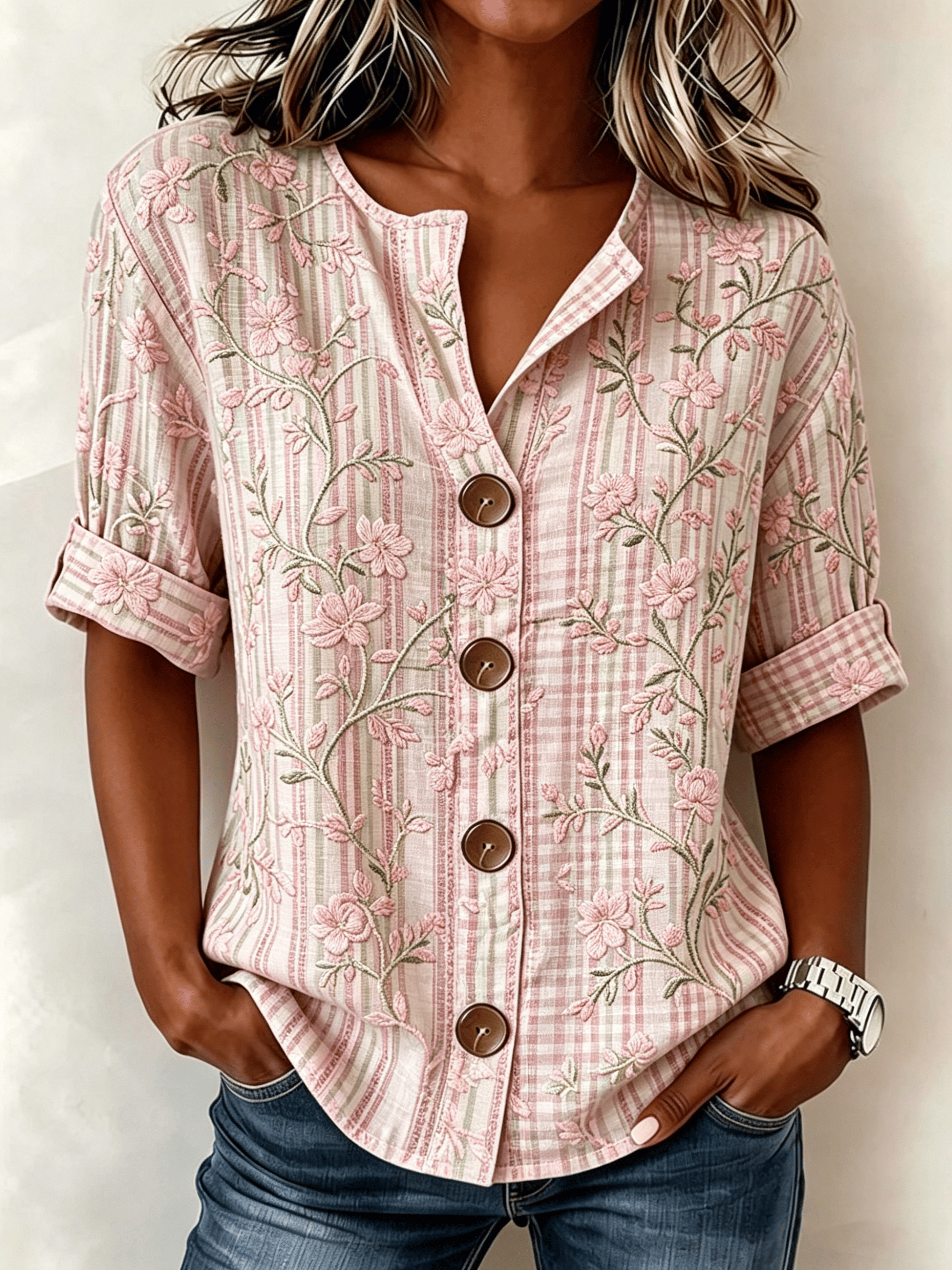 Women's Casual Cotton Linen Botanical Floral Print Blouse