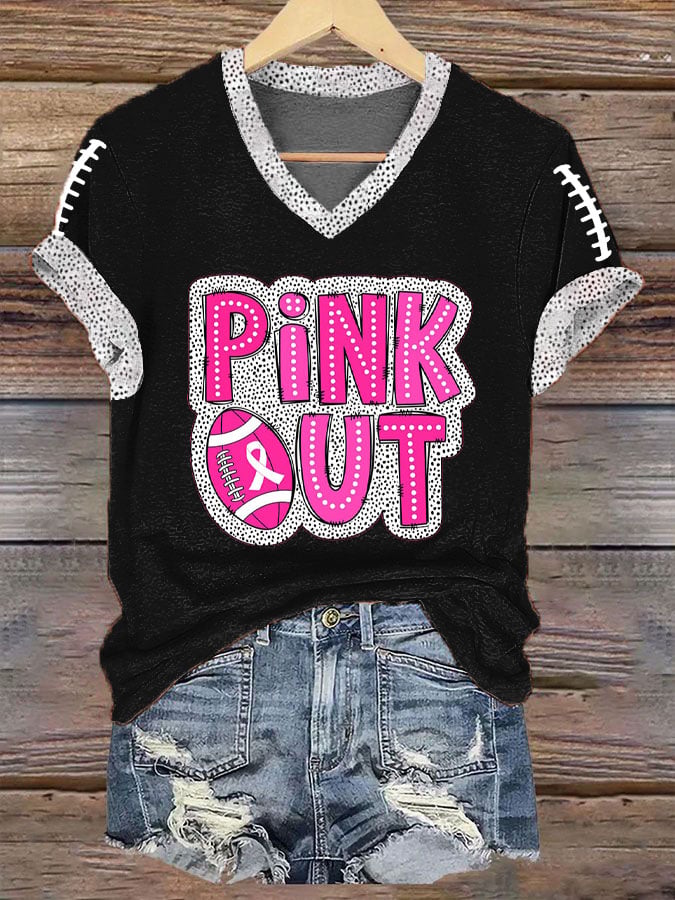 Women's Pink Out Football Breast Cancer Print T-Shirt