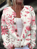 Women's Breast Cancer Pink Flower Print Knitted Cardigan