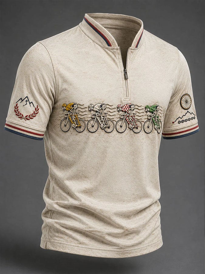 Men's Casual Printed Stand Collar Zip-Up Henley Shirt