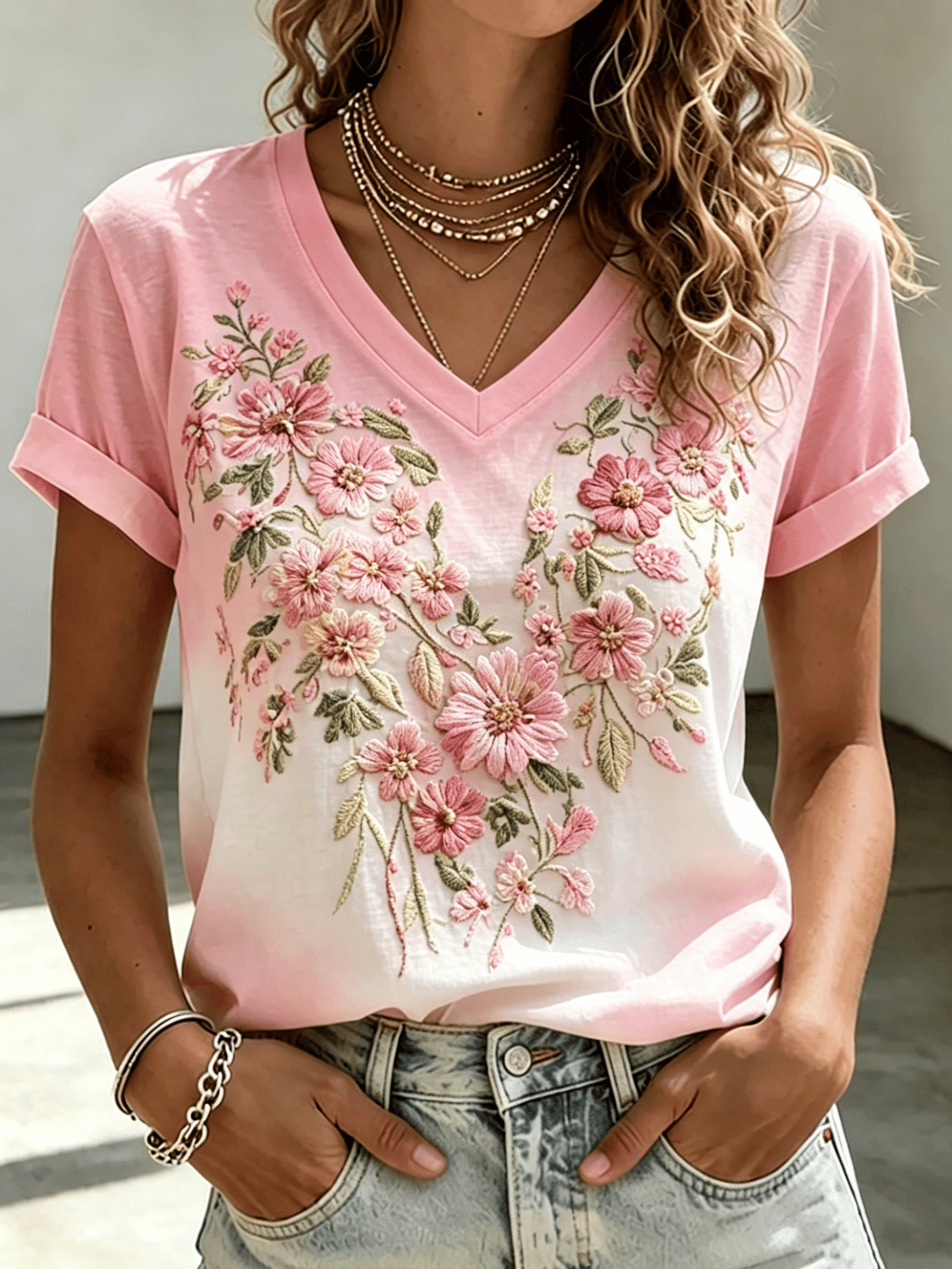 Women's Breast Cancer Floral Print T-Shirt