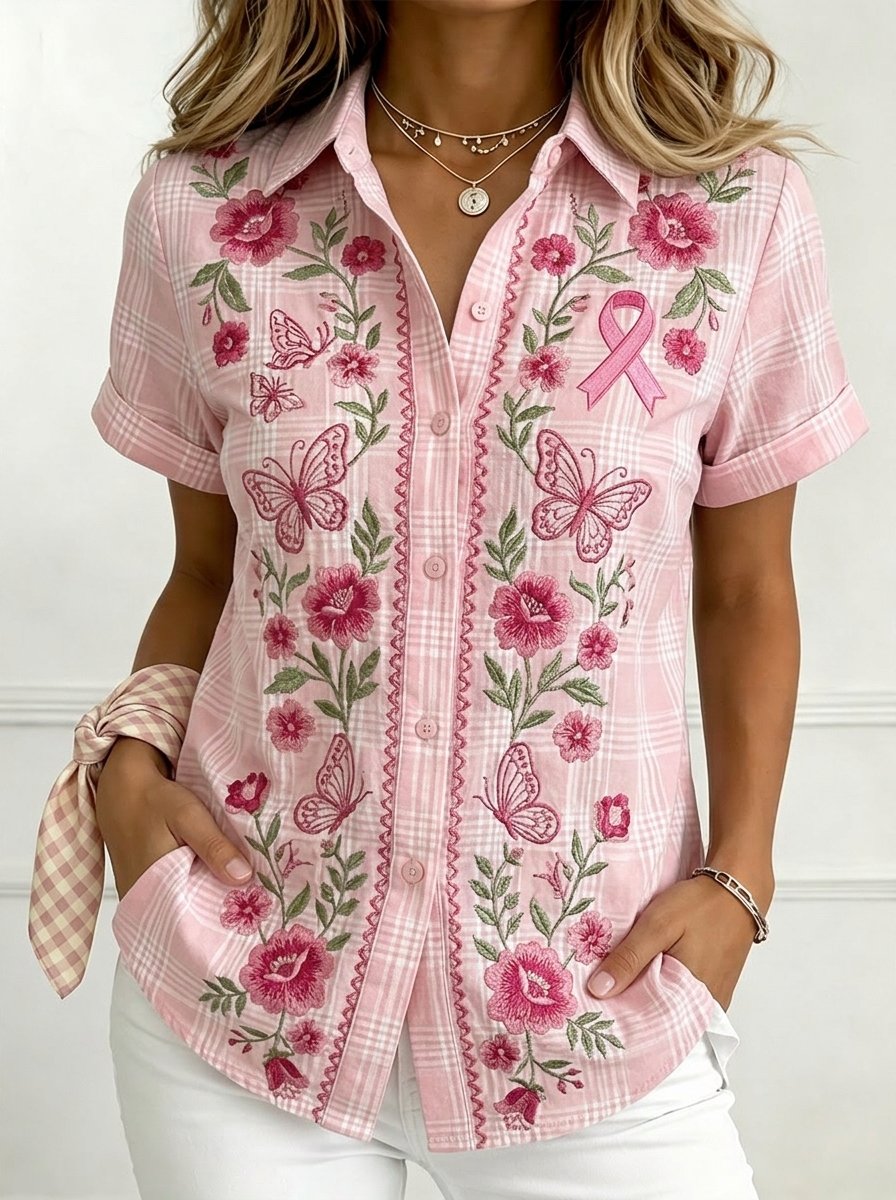 Women's Breast Cancer Awareness Pink Floral Art Print Shirt