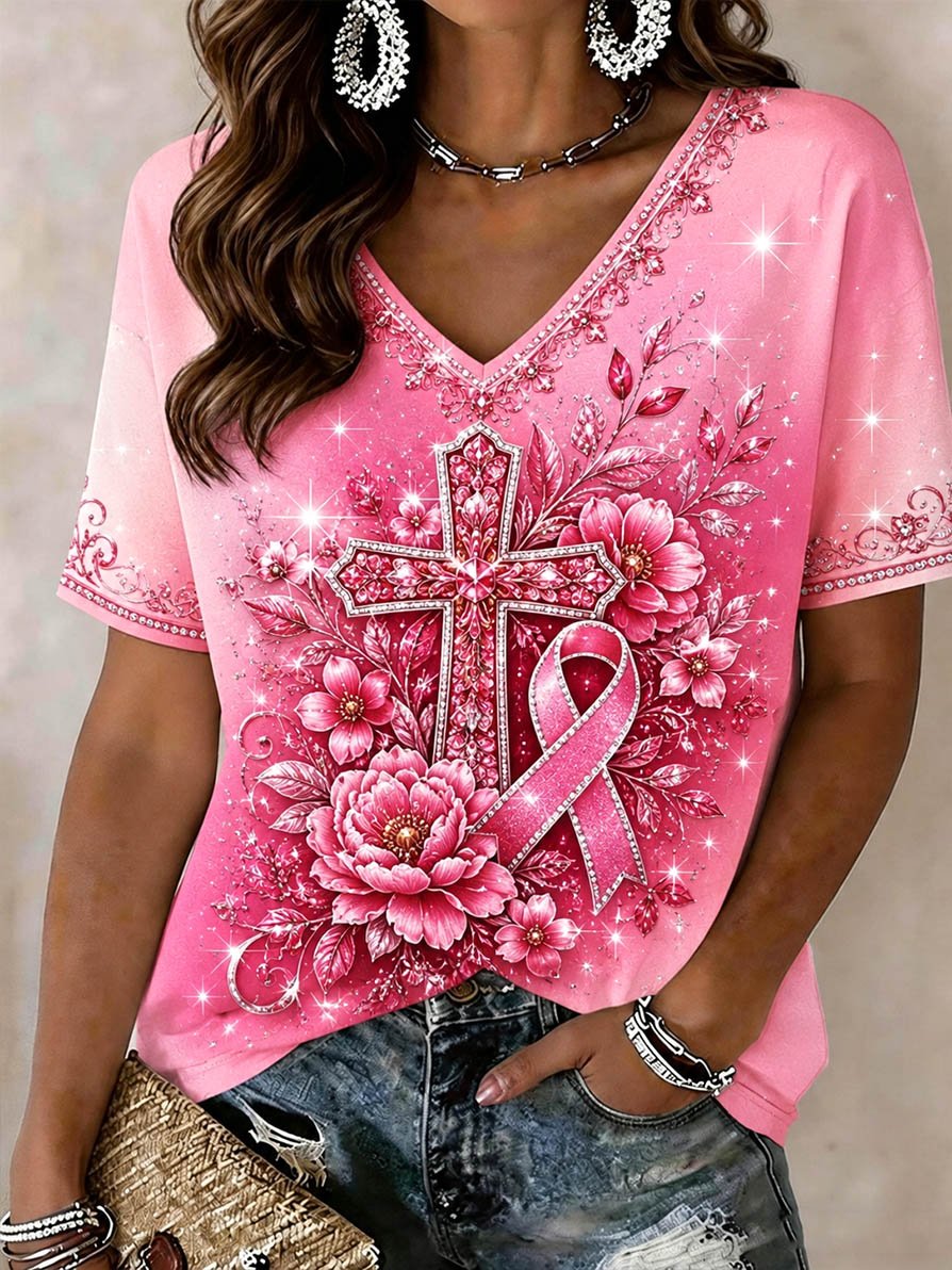 Women's Casual Cross & Faith Breast Cancer Awareness V-Neck T-Shirt