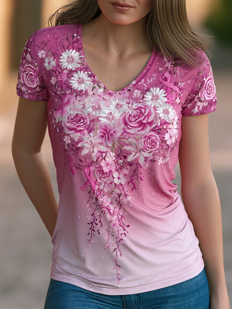 Women's Breast Cancer Awareness Floral Art V-Neck Short-Sleeve T-Shirt