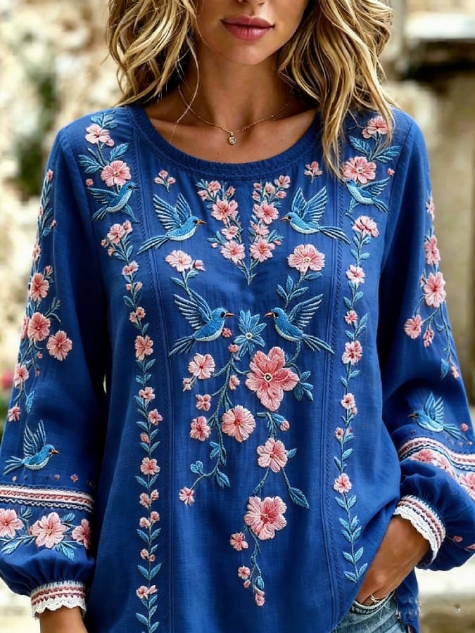 Women's Casual Retro Short-Sleeve Top with Floral Breast Cancer Awareness Print