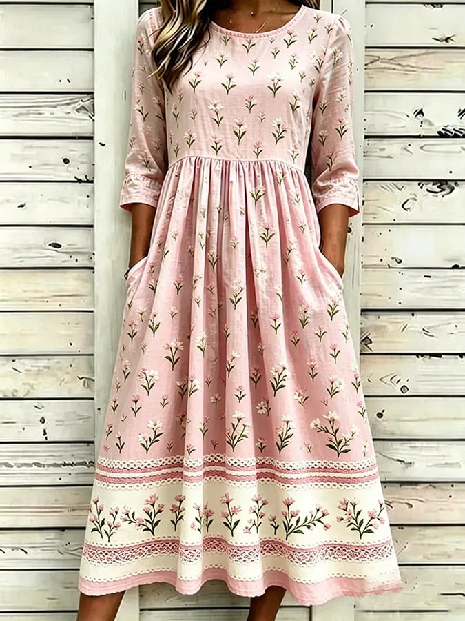 Women's Casual Linen Cotton Floral Plant Dress