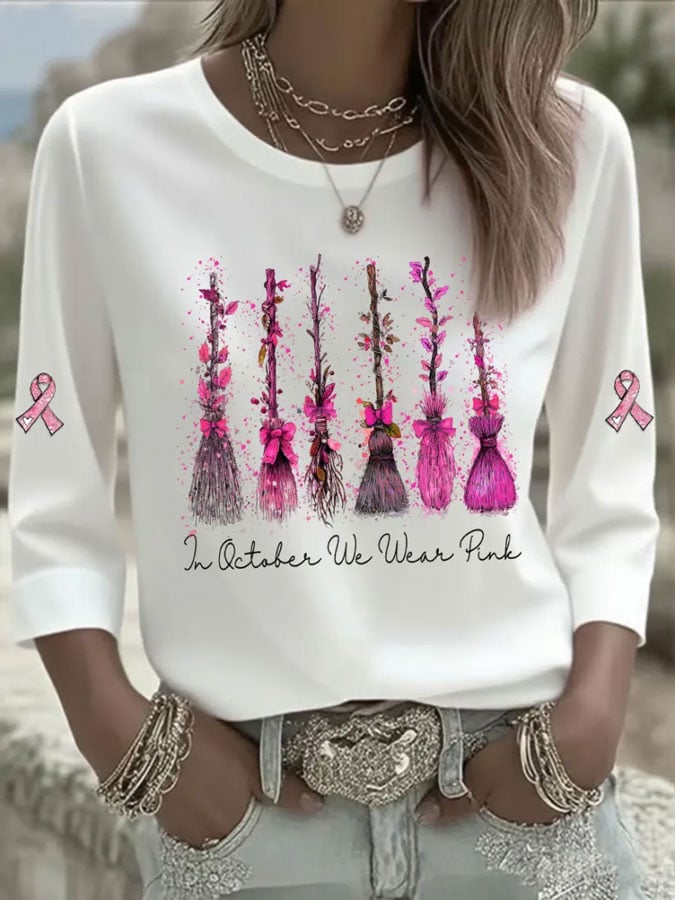 Women's Casual Breast Cancer Print Three-Quarter Sleeve T-Shirt