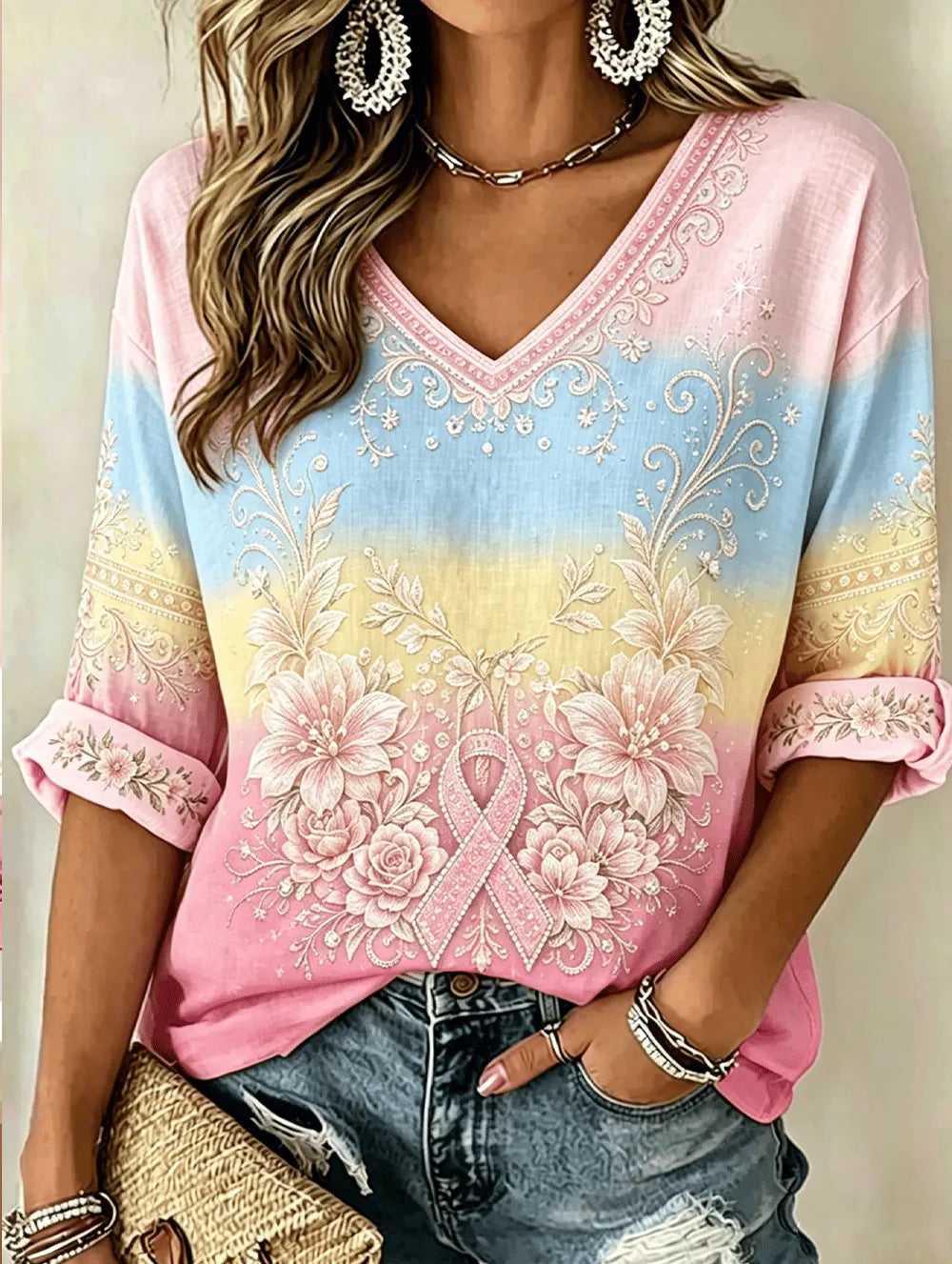 Women's Floral Printed T-shirt for Breast Health Awareness