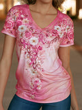 Women's Breast Cancer Awareness Floral Art V-Neck Short-Sleeve T-Shirt
