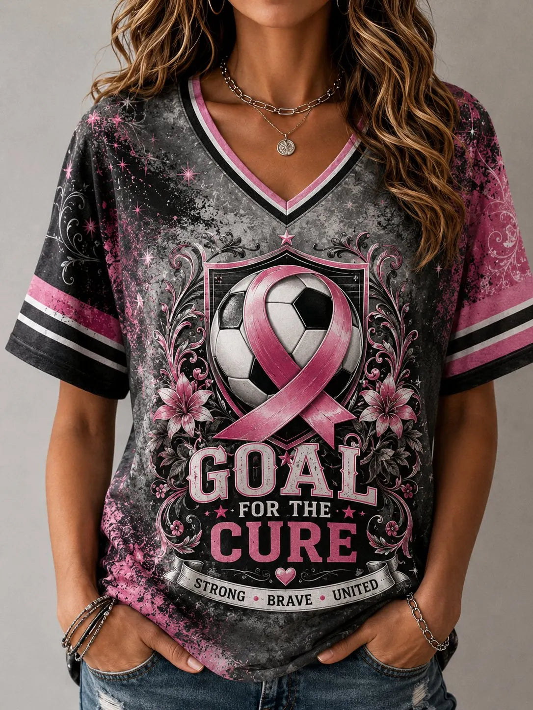 Women's Casual Retro Breast Cancer Awareness "Kick for a Cure" Graphic T-Shirt
