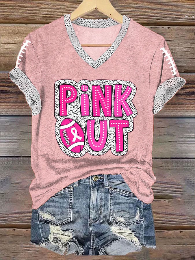 Women's Pink Out Football Breast Cancer Print T-Shirt