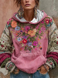 Women's Floral Faux Embroidery Printed Hooded Sweatshirt