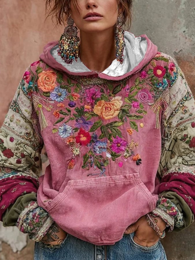 Women's Floral Faux Embroidery Printed Hooded Sweatshirt