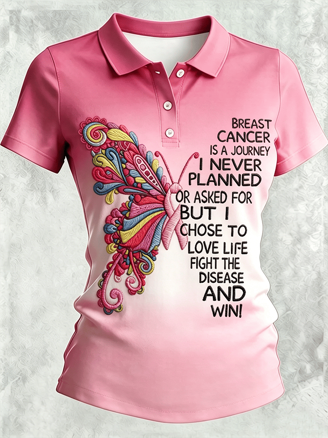 Women's Breast Cancer Awareness Printed Short-Sleeve Polo Shirt