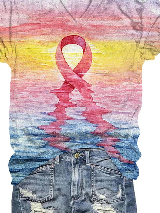 Women's Casual Pink Ribbon Breast Cancer Art Print Short Sleeve T-Shirt