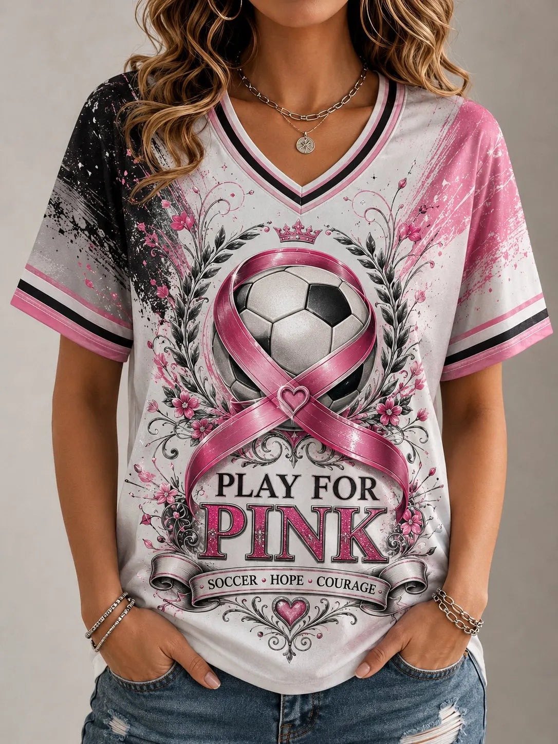 Women's Casual Retro Breast Cancer Awareness "Kick for a Cure" Graphic T-Shirt