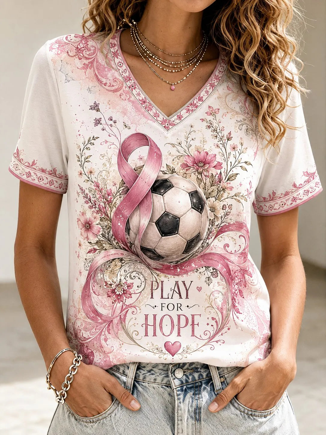 Women's Casual Retro Breast Cancer Awareness "Kick for a Cure" Graphic T-Shirt