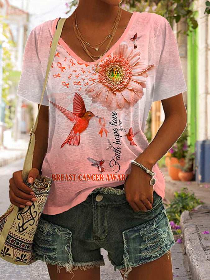 Faith Hope Love Breast Cancer Awareness Print T-Shirt